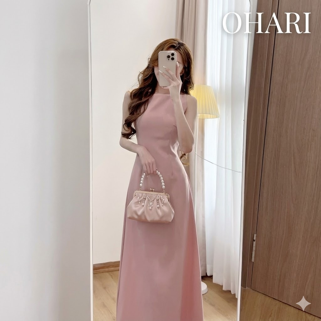 Ohari Đầm hai dây CỔ THUYỀN dáng dài tiểu thư, Đầm maxi cổ yếm dáng dài đi biển, đi chơi