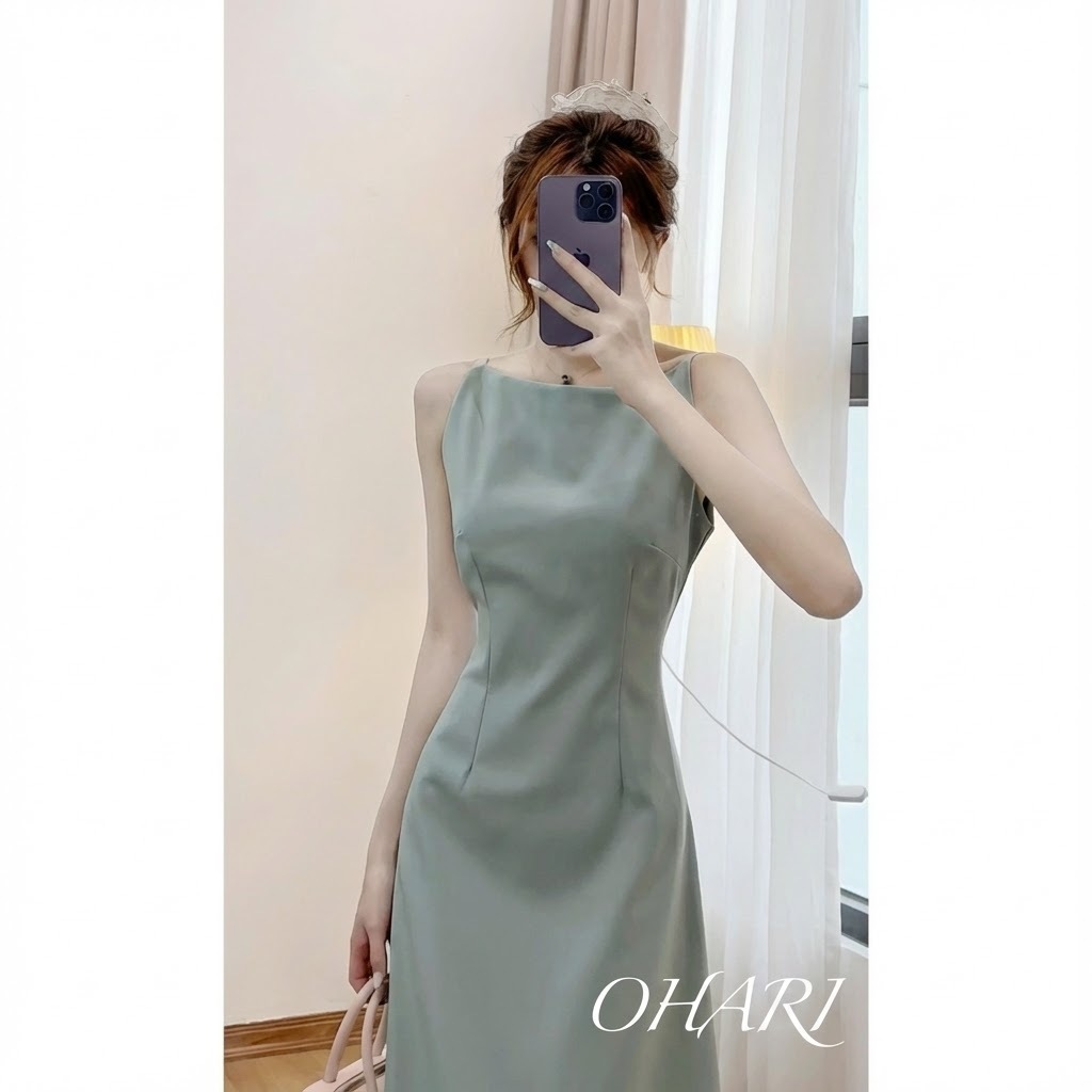 Ohari Đầm hai dây CỔ THUYỀN dáng dài tiểu thư, Đầm maxi cổ yếm dáng dài đi biển, đi chơi