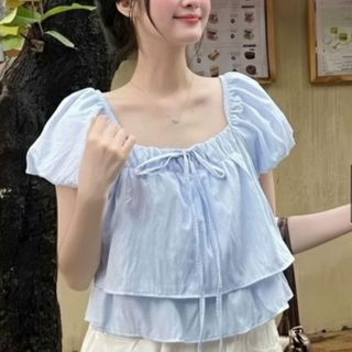 Áo voan nữ tay phồng dáng xòe cổ vuông chất voan mềm nhẹ xanh dương xanh mint vàng VANISA CT503