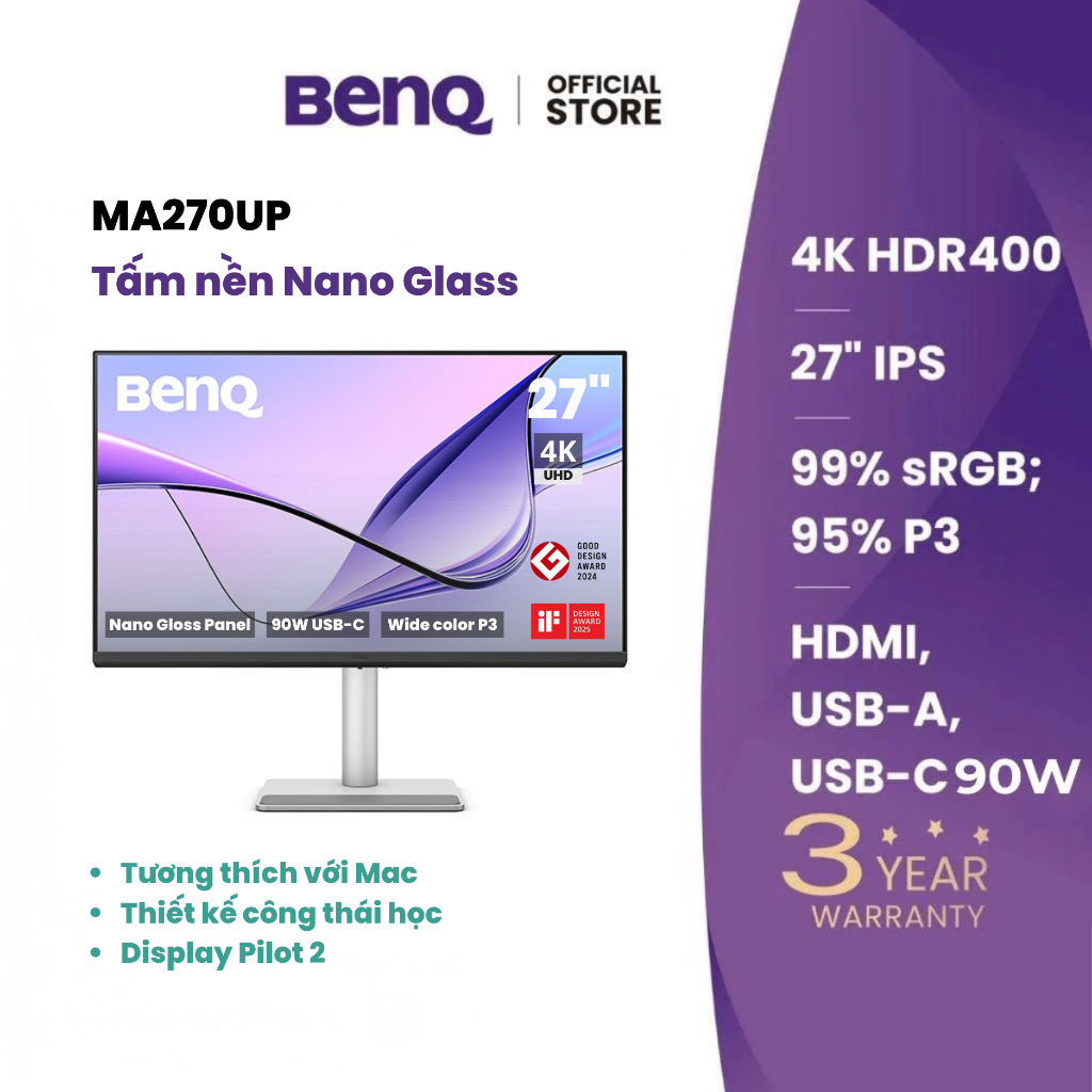 BenQ MA270UP_Màn hình máy tính dành cho Mac 27" 4K Nano Gloss USB Type-C 90W, thiết kế công thái học