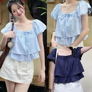 Áo voan nữ tay phồng cổ vuông màu xanh dương xanh mint vàng dáng rộng nhẹ mát dễ phối VANISA CT503
