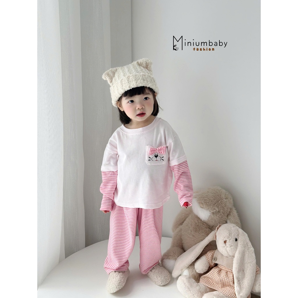 Set bộ dài tay bé gái thu đông Miniumbaby in mặt cún cute tay zaclang, chất cotton mềm mịn SB2514