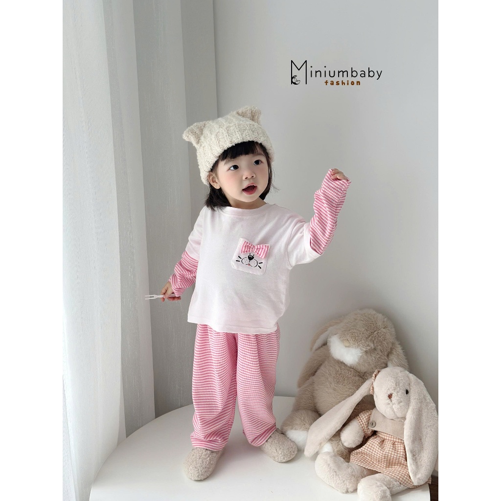 Set bộ dài tay bé gái thu đông Miniumbaby in mặt cún cute tay zaclang, chất cotton mềm mịn SB2514