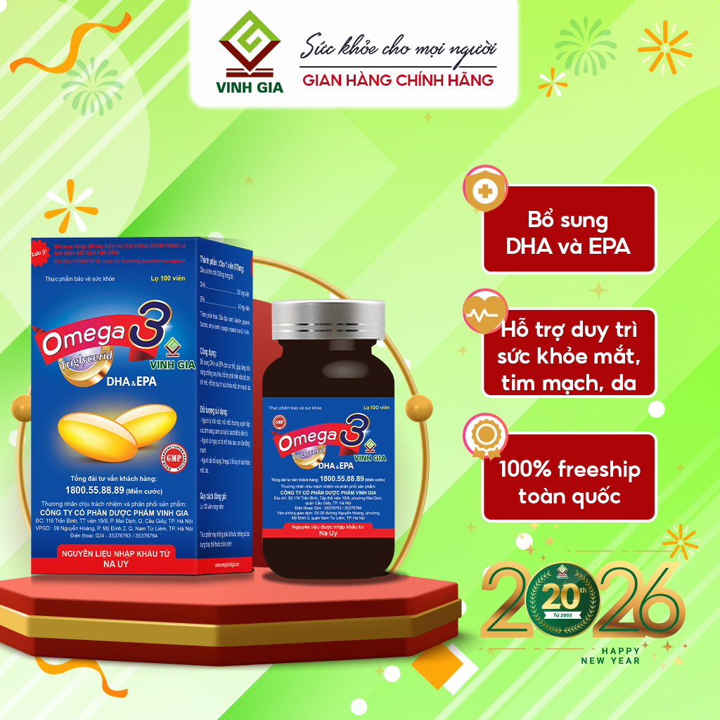 Viên Uống Omega 3 Vinh Gia Giàu DHA Hơn, Giúp Hỗ trợ Sức Khỏe Mắt Và Trí Não, Đẹp Da (Hộp 100v)