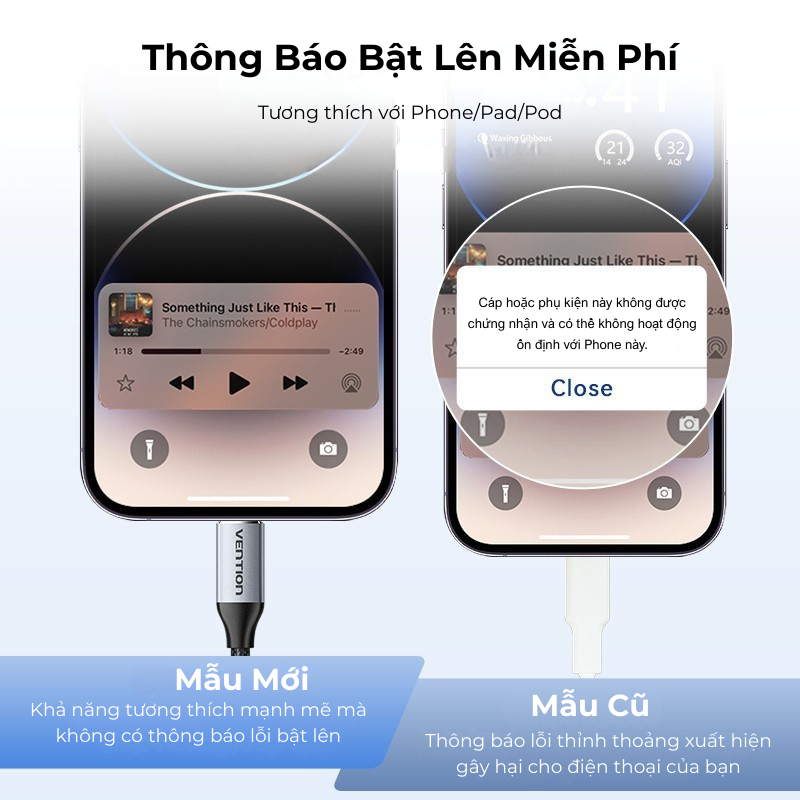 Dây Cáp Âm Thanh Light Sang 3.5mm Đực Vention, Jack AUX Đầu Chuyển Âm Thanh Splitter Cho Phone 7-14 Chip DAC Tiên Tiến