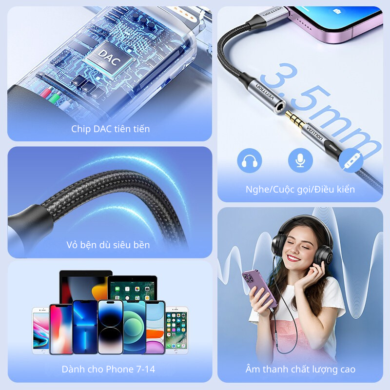 Dây Cáp Âm Thanh Light Sang 3.5mm Đực Vention, Jack AUX Đầu Chuyển Âm Thanh Splitter Cho Phone 7-14 Chip DAC Tiên Tiến