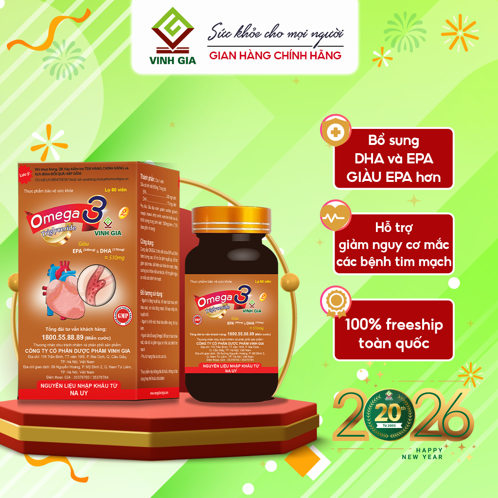 Omega 3 Vinh Gia 2 Giàu EPA Hơn, Giúp hỗ trợ Sức Khỏe Tim Mạch Cho Người Trung-Cao Tuổi (60v/H)