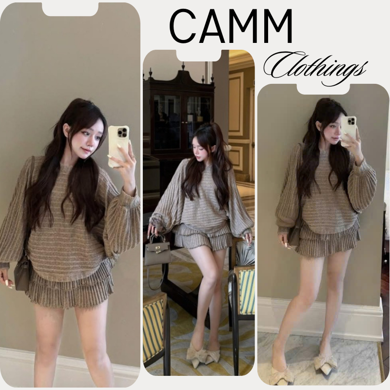 Set đồ nữ, đồ bộ nữ CAMM HCOM26754 áo len móc mix chân váy tầng xoè tiểu thư sang chảnh
