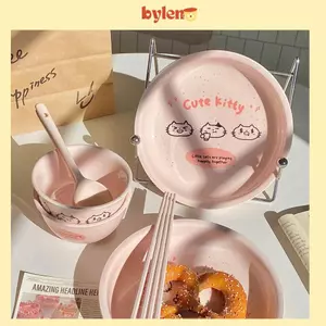Bộ bát đĩa tô cute kitty hồng pastel gốm sứ Tiệm Gốm Bylen