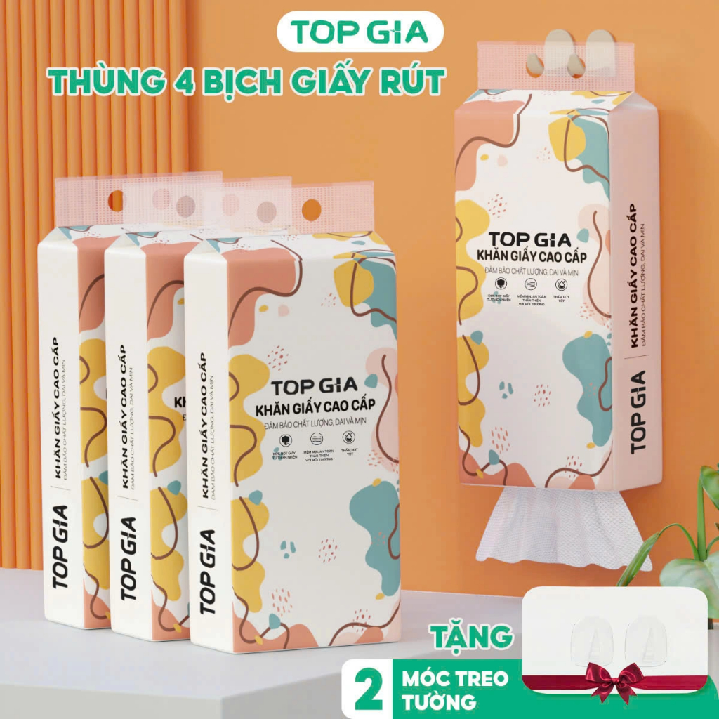 [Thùng 2&4 Bịch] Giấy Vệ Sinh Rút Đáy Treo Tường Đa Sắc TOPGIA – Giấy 4 Lớp Mềm Mịn, An Toàn Cho Da