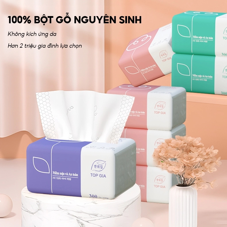 [Thùng 30 Gói] Khăn Giấy Ăn 3 Màu TOPGIA – Giấy Lụa 4 Lớp Mềm Mịn, Thấm Hút Tốt, An Toàn Cho Da