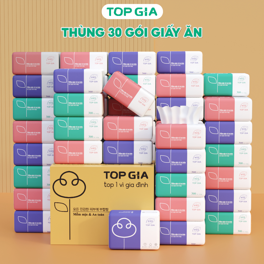 [Thùng 30 Gói] Khăn Giấy Ăn 3 Màu TOPGIA – Giấy Lụa 4 Lớp Mềm Mịn, Thấm Hút Tốt, An Toàn Cho Da