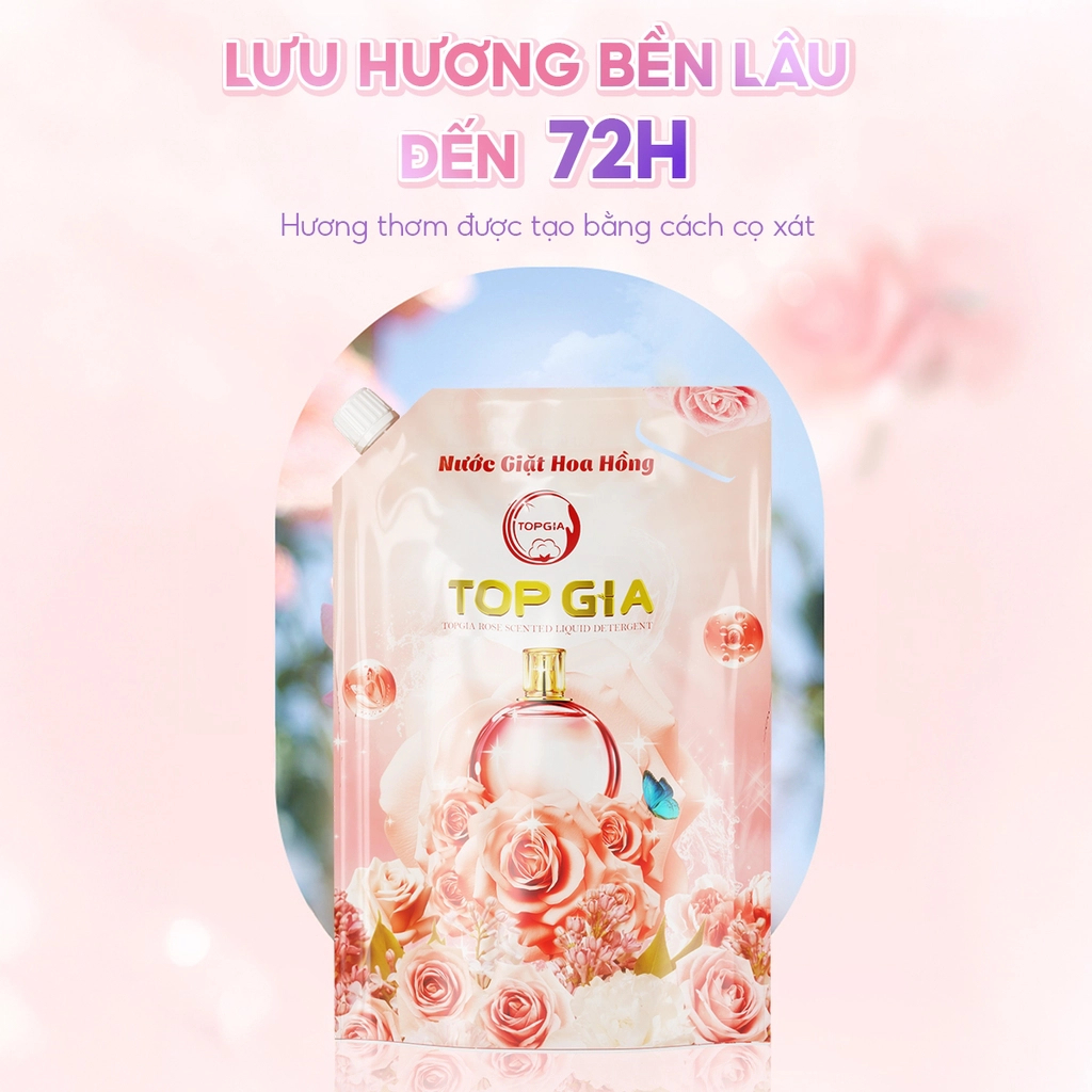 Nước Giặt Xả TOPGIA Hương Hoa Hồng Túi 2L – Giặt & Xả 2in1, Thơm Lâu, An Toàn Cho Mọi Làn Da