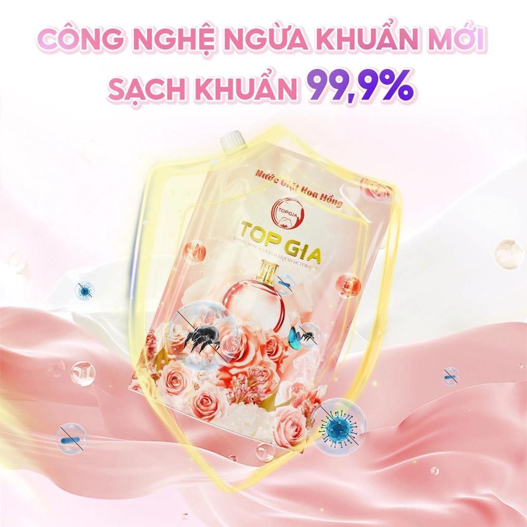 Nước Giặt Xả TOPGIA Hương Hoa Hồng Túi 2L – Giặt & Xả 2in1, Thơm Lâu, An Toàn Cho Mọi Làn Da