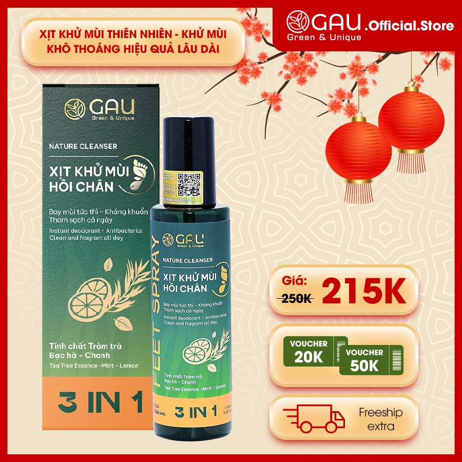 Xịt Hôi Chân GAU Lưu hương Thơm mát - Khử mùi Chân và Giày Cả ngày Tràm trà - Bạc hà - Chanh 100ml