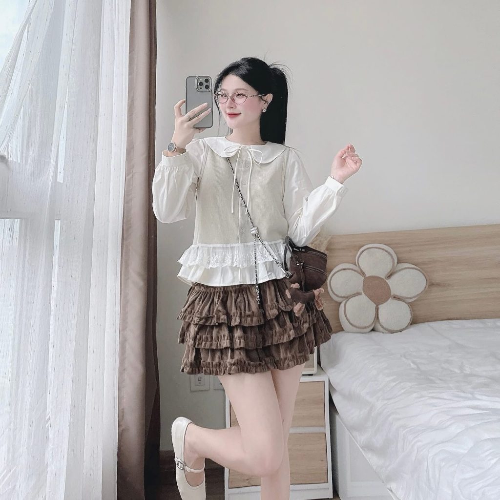 Set đồ nữ, đồ bộ nữ DONNA HCOM26779 3 chi tiết áo sơ mi dài tay phối áo gile mix chân váy tầng xoè