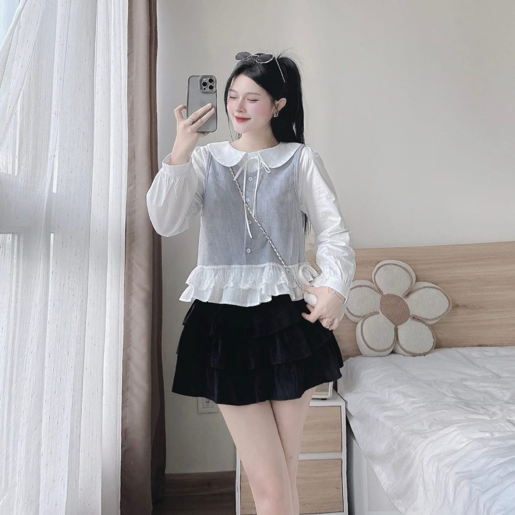Set đồ nữ, đồ bộ nữ DONNA HCOM26779 3 chi tiết áo sơ mi dài tay phối áo gile mix chân váy tầng xoè