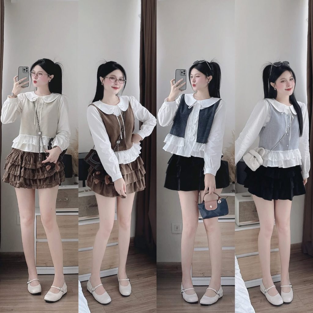 Set đồ nữ, đồ bộ nữ DONNA HCOM26779 3 chi tiết áo sơ mi dài tay phối áo gile mix chân váy tầng xoè