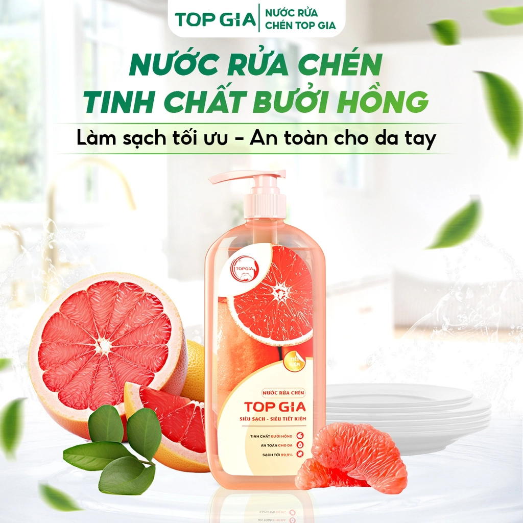 Nước Rửa Chén TOPGIA 1Kg – Hương Bưởi/ Gừng/ Chanh, Sạch Dầu Mỡ, Dịu Nhẹ Da Tay