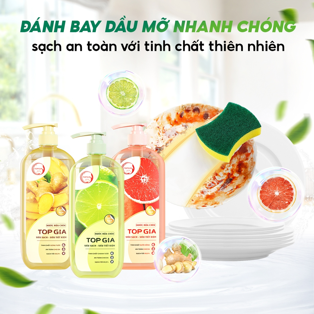 Nước Rửa Chén TOPGIA 1Kg – Hương Bưởi/ Gừng/ Chanh, Sạch Dầu Mỡ, Dịu Nhẹ Da Tay