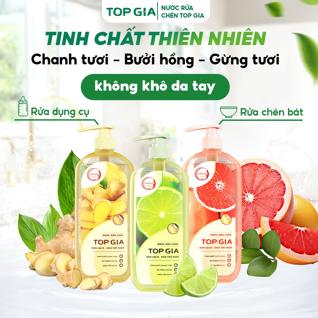Nước Rửa Chén TOPGIA 1Kg – Hương Bưởi/ Gừng/ Chanh, Sạch Dầu Mỡ, Dịu Nhẹ Da Tay