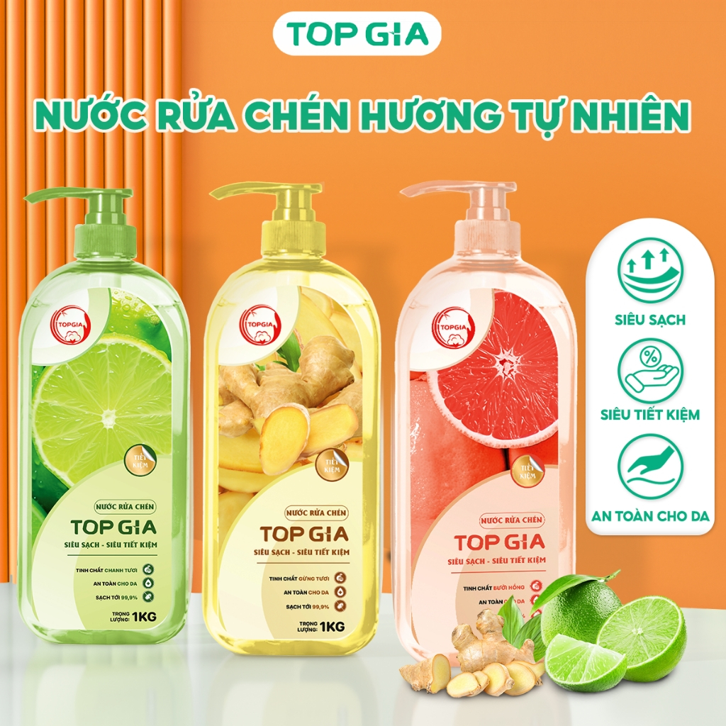Nước Rửa Chén TOPGIA 1Kg – Hương Bưởi/ Gừng/ Chanh, Sạch Dầu Mỡ, Dịu Nhẹ Da Tay