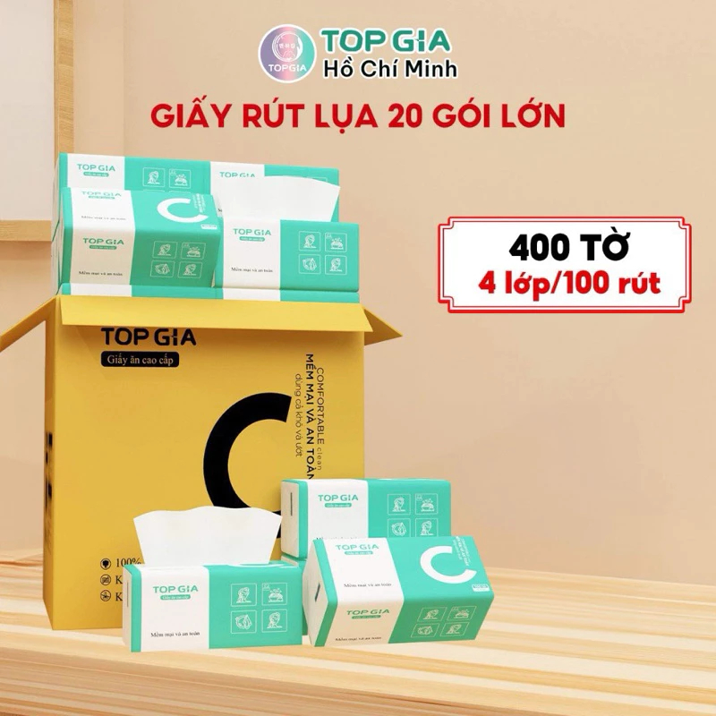 [Thùng 10&20 Gói] khăn Giấy Ăn TOPGIA Chữ C – Giấy Rút Lụa 4 Lớp Dày Dai, Tờ Lớn, An Toàn Gia Đình