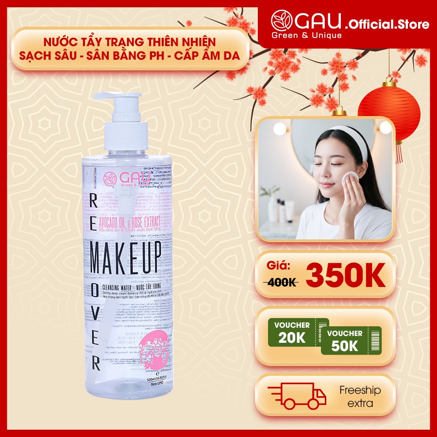 Nước Tẩy Trang Tự nhiên Không cồn Sạch sâu Căng Mịn da GAU Make Up Remover Avocado oil & Rose flower