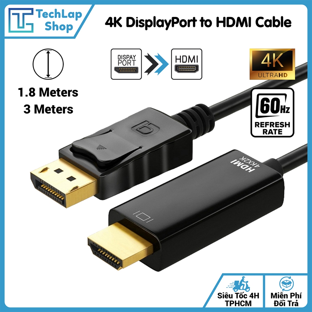 Dây Cáp DisplayPort Sang HDMI Dài 1.8M/3M Hỗ Trợ 4K/1080P - Kết Nối PC ...