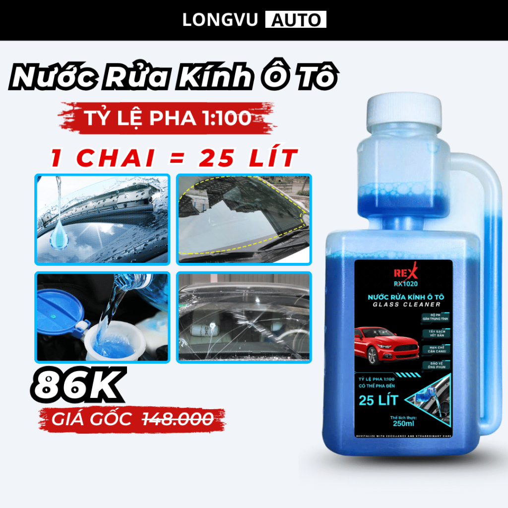 Nước Rửa Kính Ô Tô REX Glass Cleaner 250ml Rửa sạch kính, Hạn chế cặn canxi, Bảo dưỡng gạt mưa