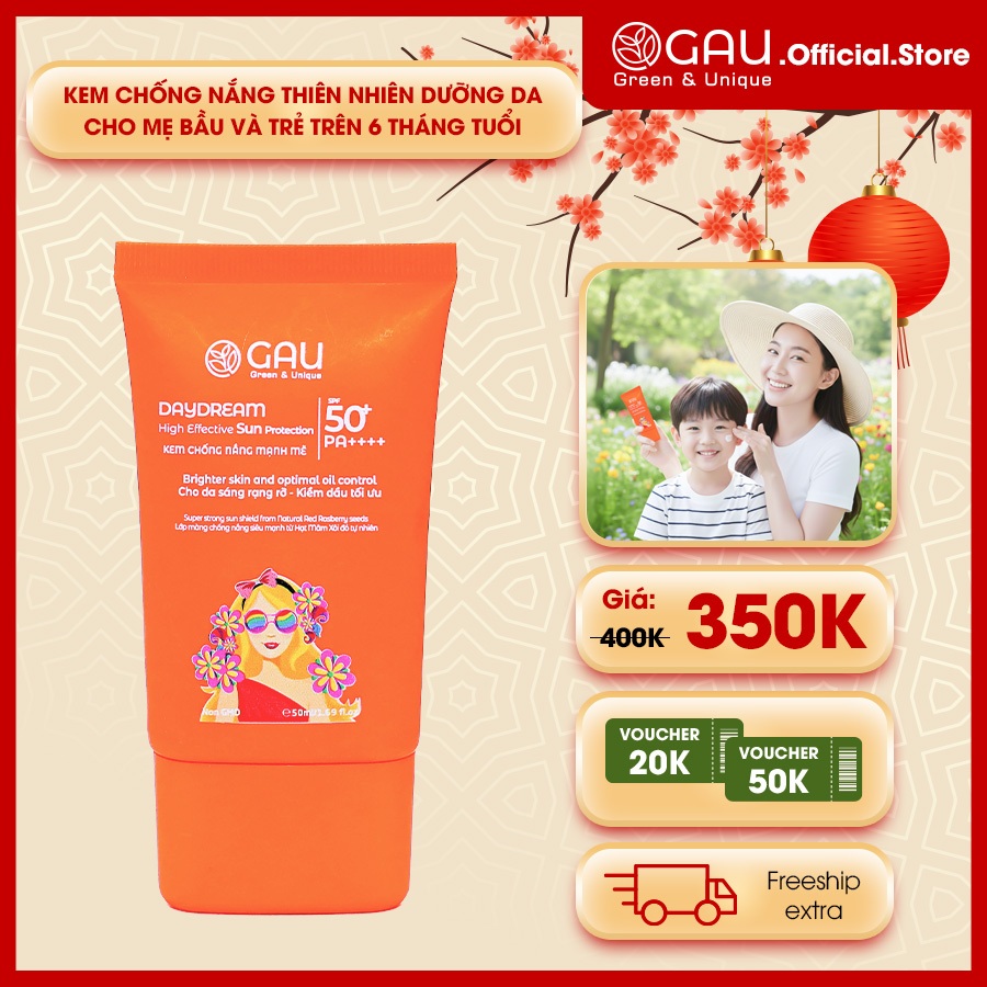 Kem chống nắng Tự nhiên Chính hãng SPF50+PA++++ GAU Mỏng nhẹ thoáng cho Da nhạy cảm cả Mẹ & Bé 50ml