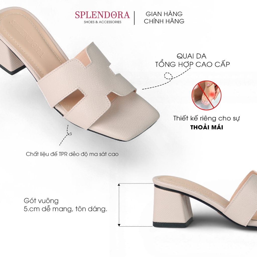 Giày guốc nữ Splendora quai chữ H da vân sần gót bọc da cao 5cm chăc chắn  thời trang - M7H