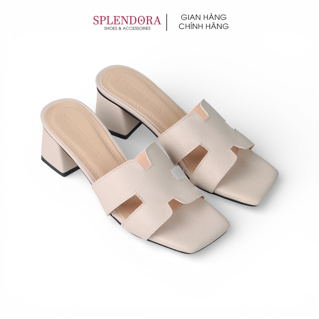 Giày guốc nữ Splendora quai chữ H da vân sần gót bọc da cao 5cm chăc chắn  thời trang - M7H