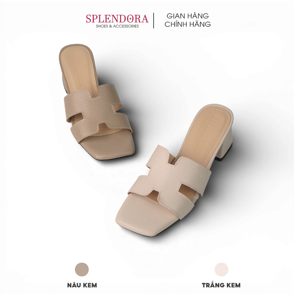 Giày guốc nữ Splendora quai chữ H da vân sần gót bọc da cao 5cm chăc chắn  thời trang - M7H