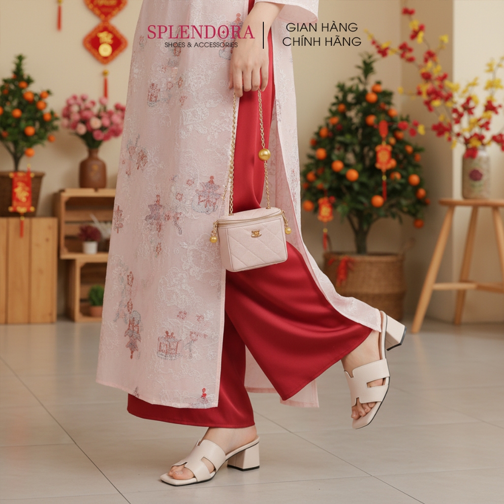 Giày guốc nữ Splendora quai chữ H da vân sần gót bọc da cao 5cm chăc chắn  thời trang - M7H