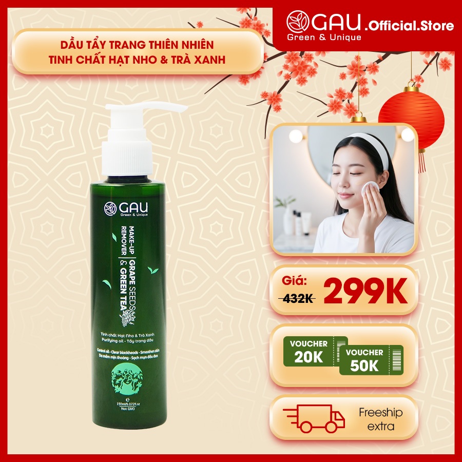 Dầu Tẩy Trang Tự nhiên Hạt Nho Trà Xanh GAU Sạch mụn đầu đen Đánh bay Makeup chống trôi 150ml