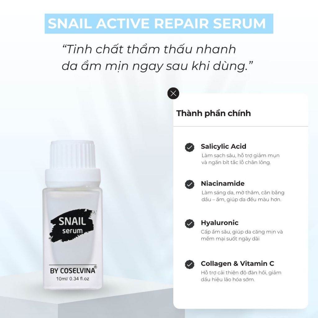 Tinh Chất Snail Serum 10ml – Serum Thẩm Thấu Nhanh, Dưỡng Ẩm Mịn Da
