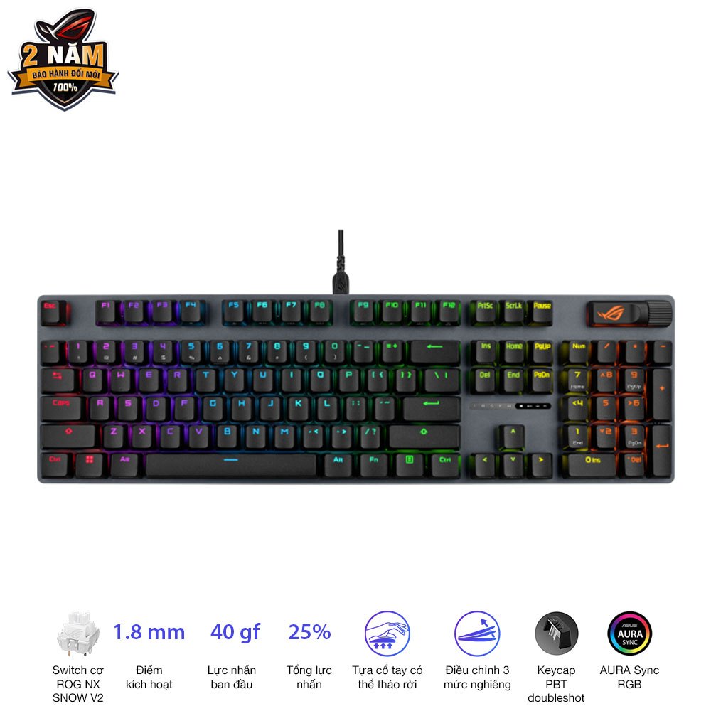 Bàn phím gaming có dây Asus ROG Strix Scope II X, Switch cơ ROG NX V2 có thể Hotswap, Mút giảm âm