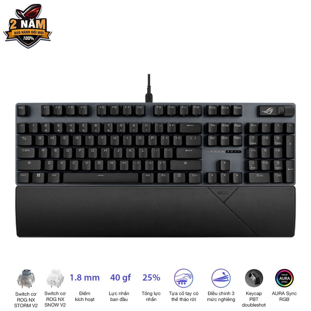 Bàn phím gaming có dây Asus ROG Strix Scope II X, Switch cơ ROG NX V2 có thể Hotswap, Mút giảm âm