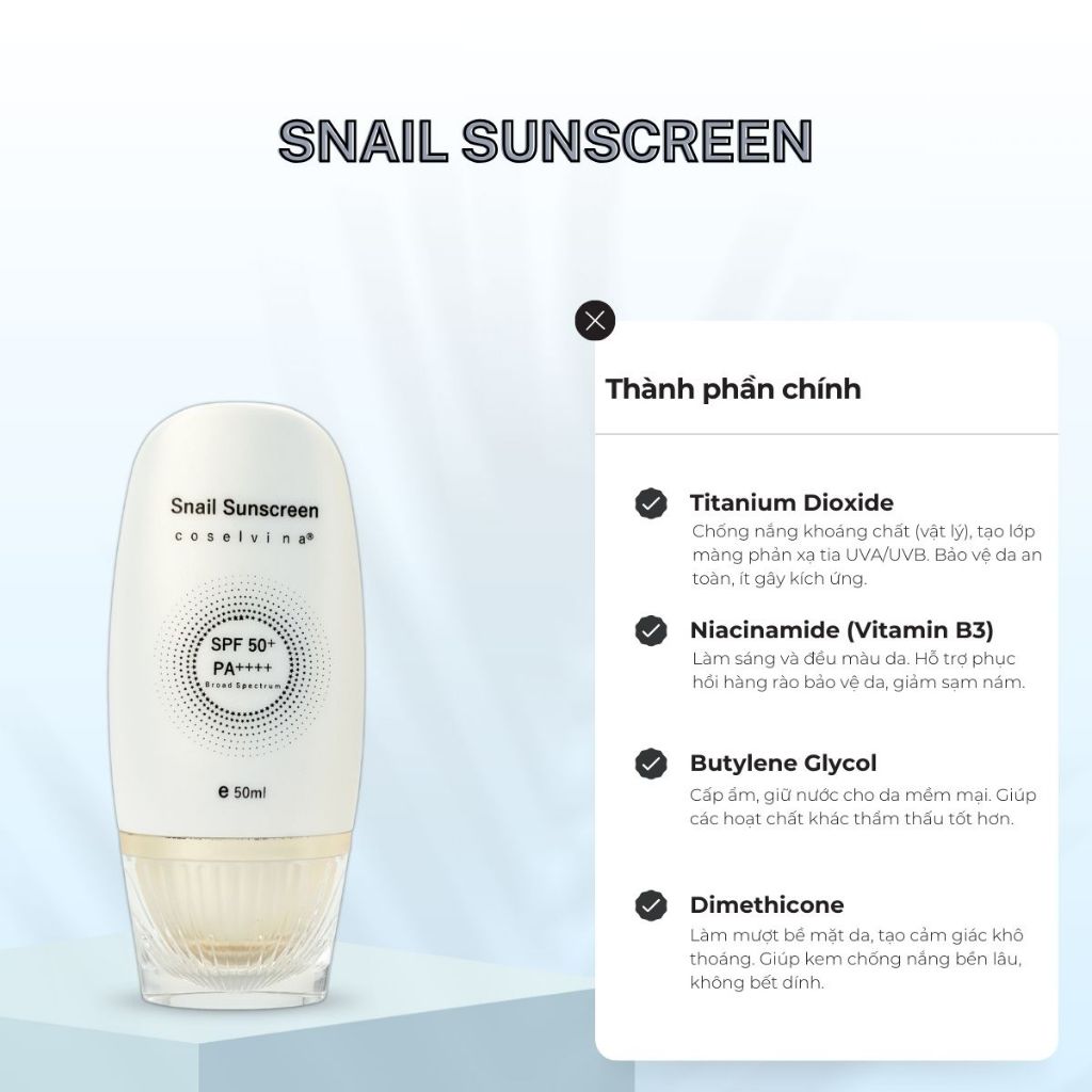 Kem Chống Nắng COSELVINA Snail Sunscreen 50ml – Dưỡng Ẩm & Hỗ Trợ Bảo Vệ Da.