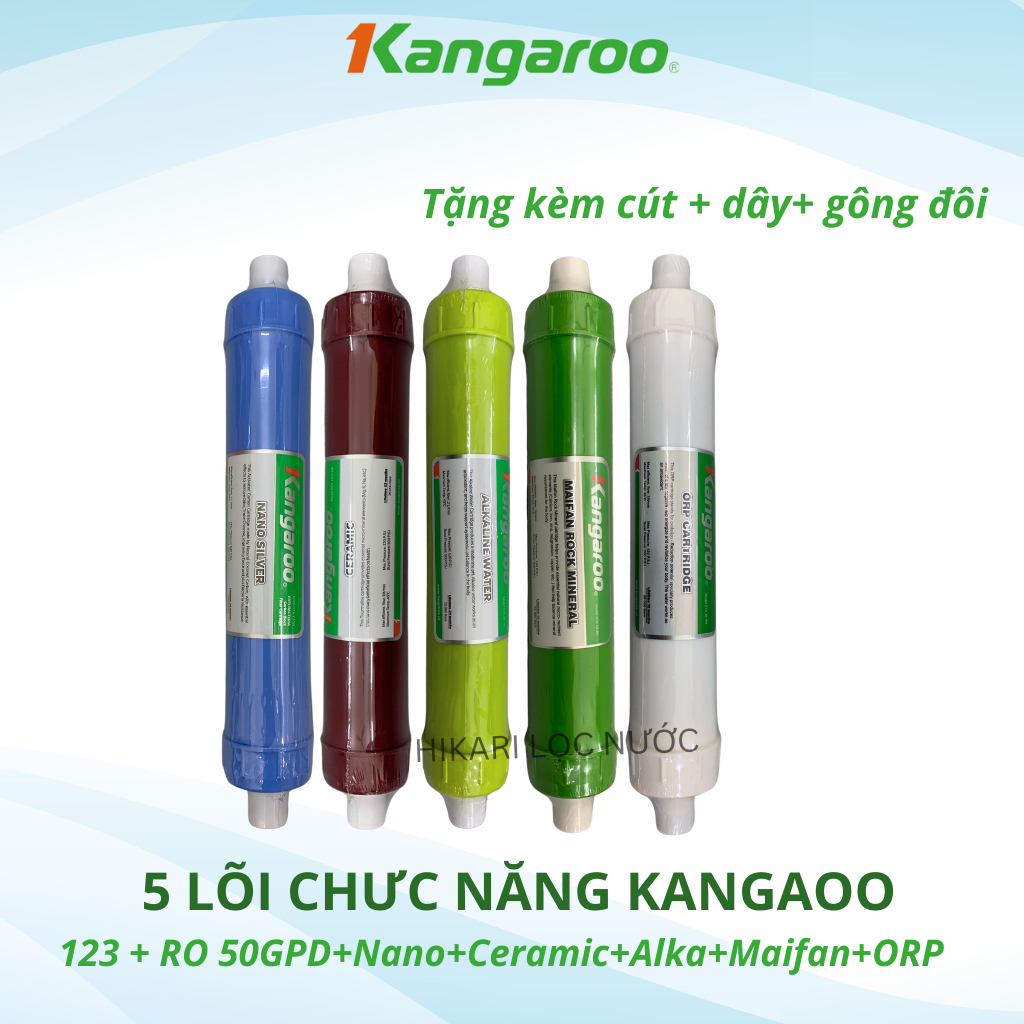 Combo 9 lõi lọc nước Kangaroo bao gồm lõi 123 HK + RO 50GDP + Nano Ceramic Alkalibe Maifan ORP  cho model máy KGRP88