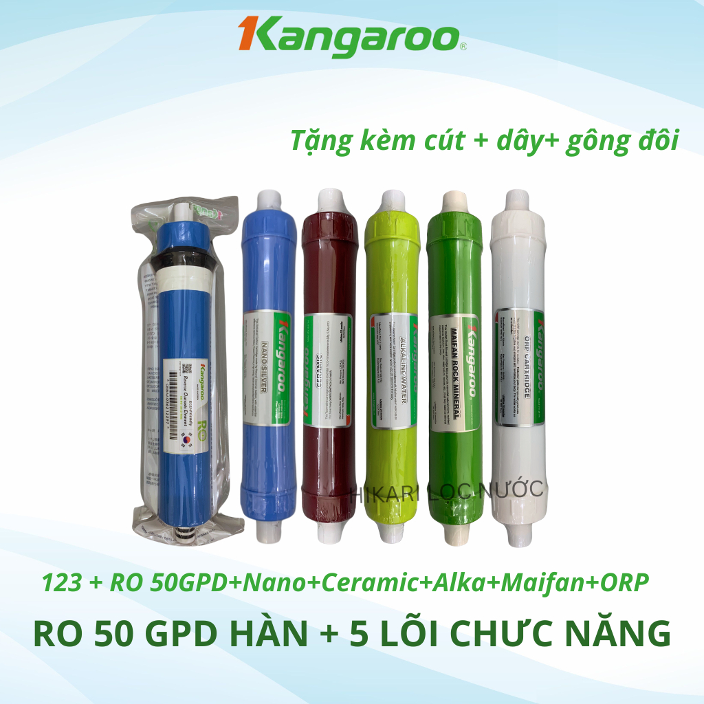 Combo 9 lõi lọc nước Kangaroo bao gồm lõi 123 HK + RO 50GDP + Nano Ceramic Alkalibe Maifan ORP  cho model máy KGRP88