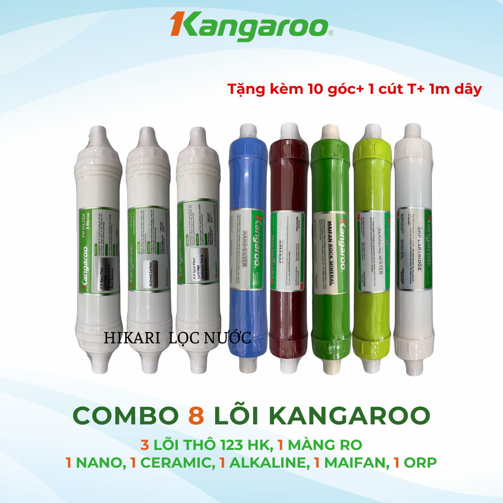 Combo 9 lõi lọc nước Kangaroo bao gồm lõi 123 HK + RO 50GDP + Nano Ceramic Alkalibe Maifan ORP  cho model máy KGRP88