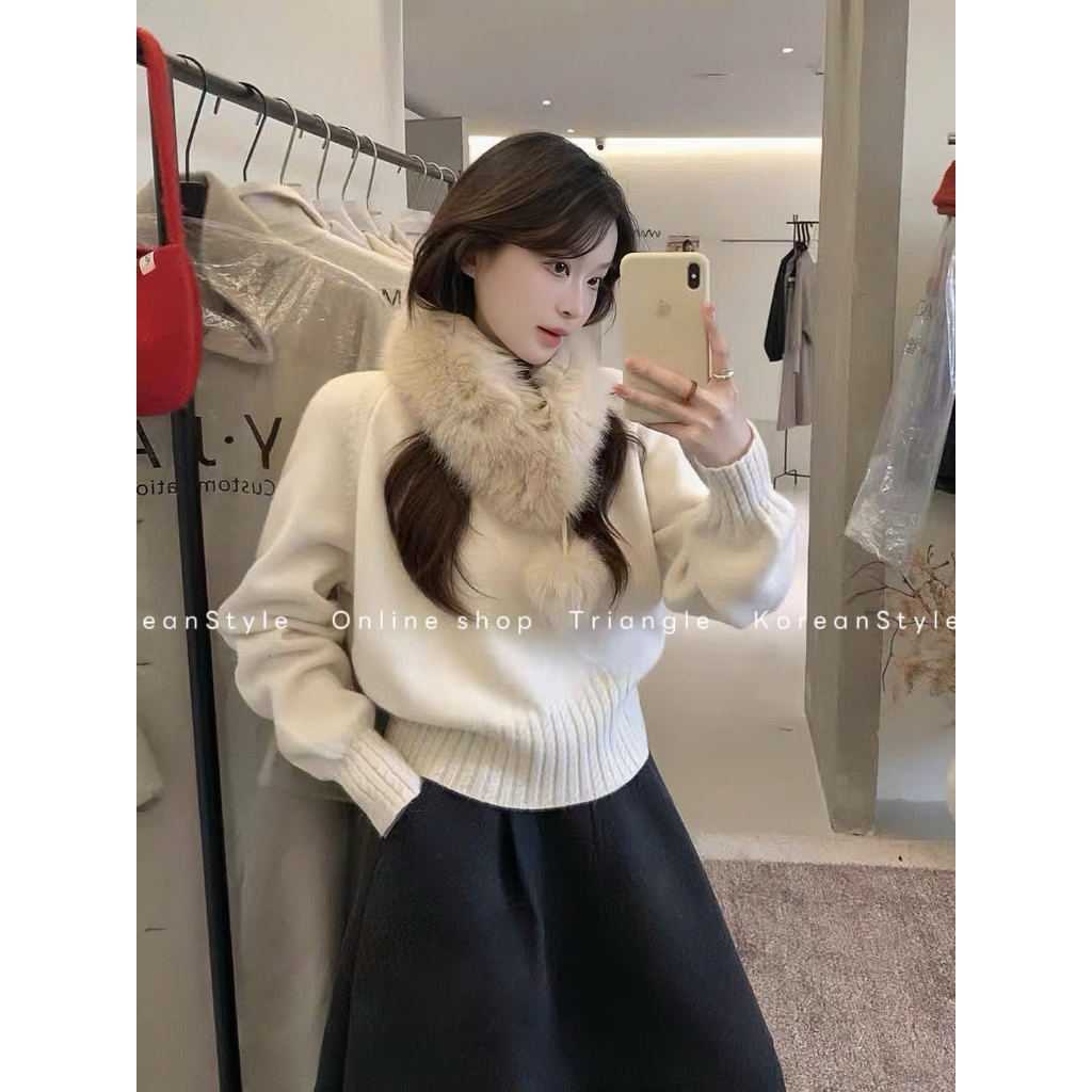 TRIANGLE - Oval Sweater (Cân nhắc kỹ, returned is not welcomed)- Áo len phối cổ lông (có thể tháo rời)