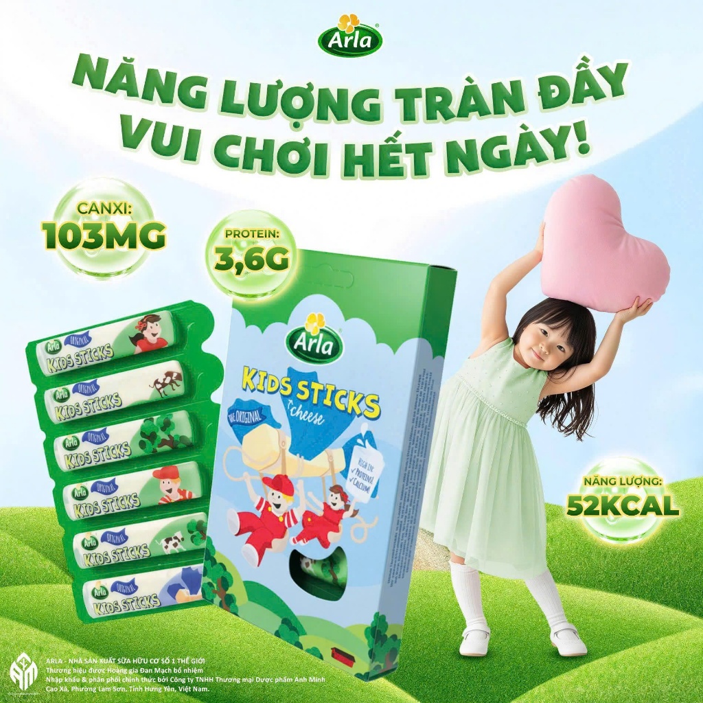 Phô mai que Arla Kids Sticks vị thơm ngon Hộp 6 gói (18g) cung cấp protein, canxi cho trẻ em