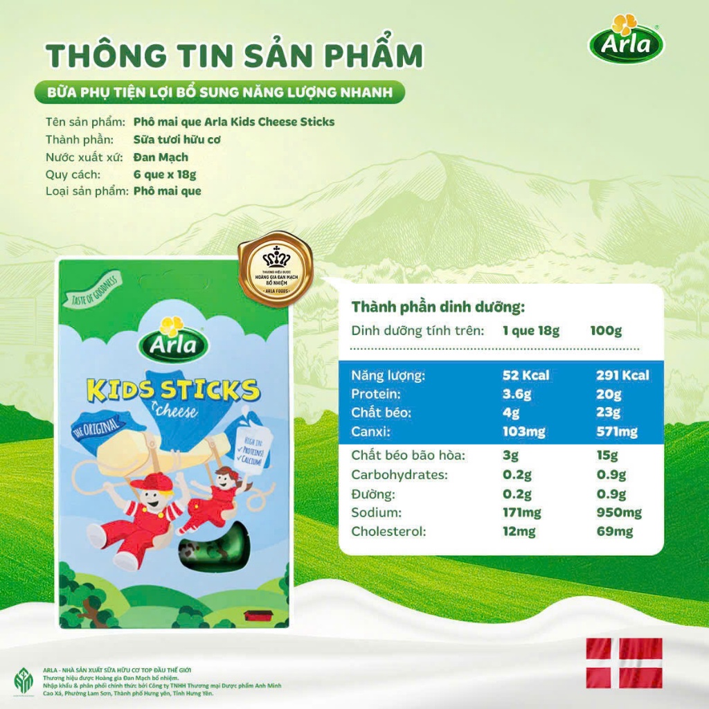 Phô mai que Arla Kids Sticks vị thơm ngon Hộp 6 gói (18g) cung cấp protein, canxi cho trẻ em