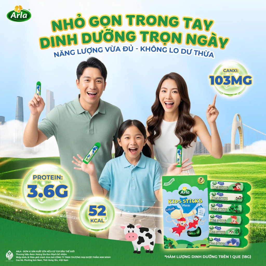 Phô mai que Arla Kids Sticks vị thơm ngon Hộp 6 gói (18g) cung cấp protein, canxi cho trẻ em