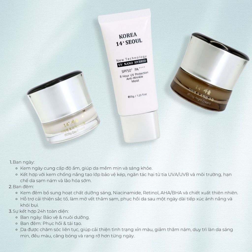 Combo 3 Sản Phẩm 14+ Seoul – Kem Nám Ngày, Kem Nám Đêm & Kem Chống Nắng SPF50+
