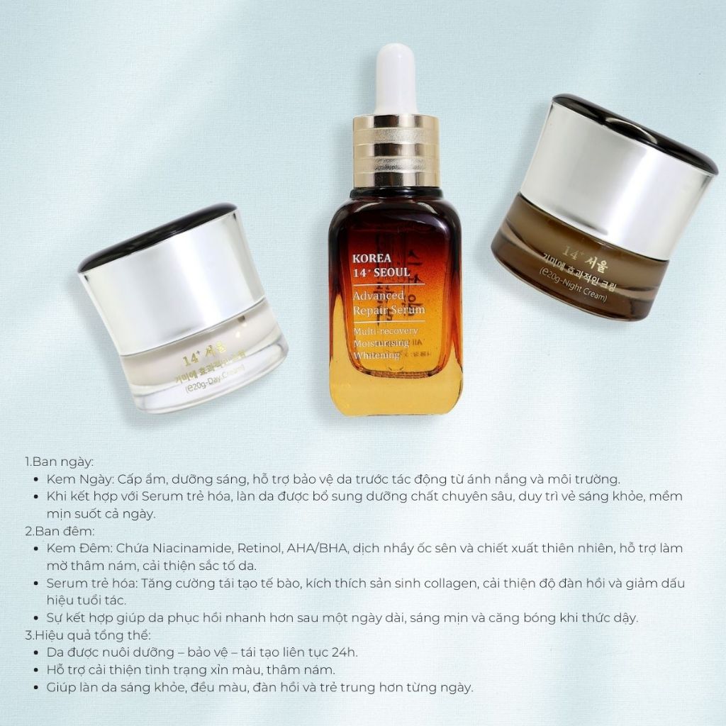 Combo 3 Sản Phẩm 14+ Seoul – Kem Nám Ngày, Kem Nám Đêm & Serum Dưỡng Da
