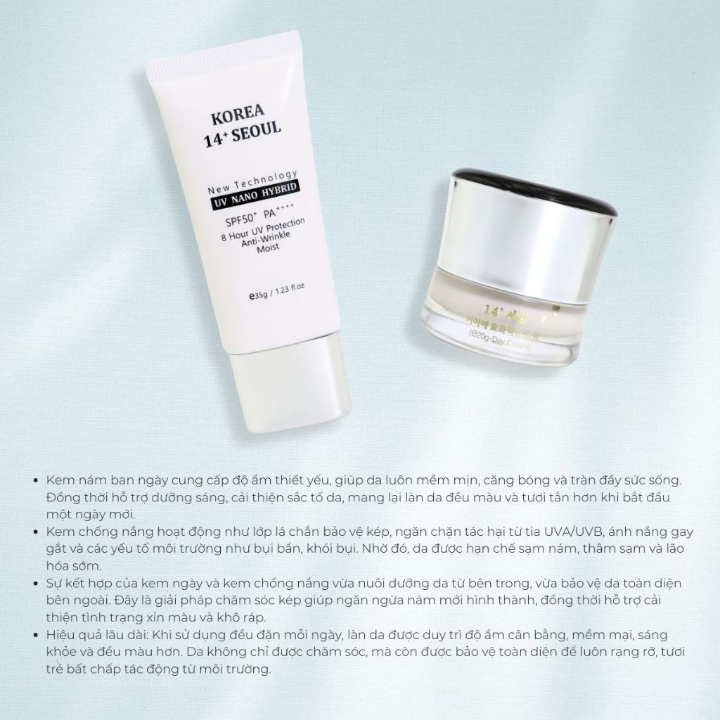 Combo 2 Sản Phẩm 14+ Seoul – Kem Nám Ngày & Kem Chống Nắng SPF50+